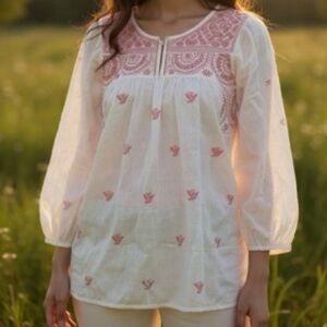 New Organic cotton White and Pink Embroidered Blouse Tunic sz S romantic y2k